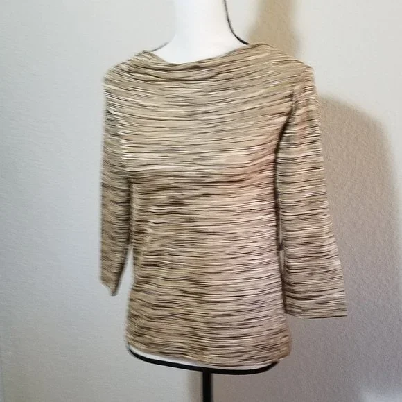 Jones New York Petite Small Blouse Gold Beige Brown 3/4 Sleeve Top SP Metallic - Picture 2 of 4